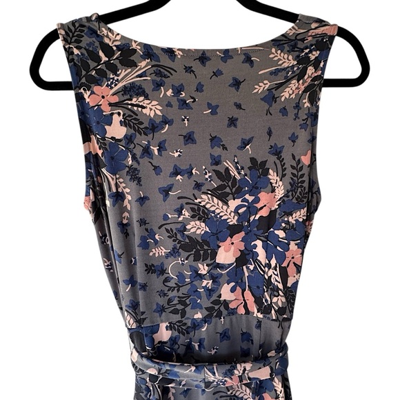 LOFT NWOT FLORAL SWING DRESS COWL NECKLINE SLEEVELESS TIE WAIST GRAY PINK SMALL - Picture 7 of 9